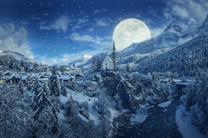 Winter, Moon, Mountains, Pine, Winter, Moon, Mountains, Pine trees, Village, Church, HD, 2K, 4K