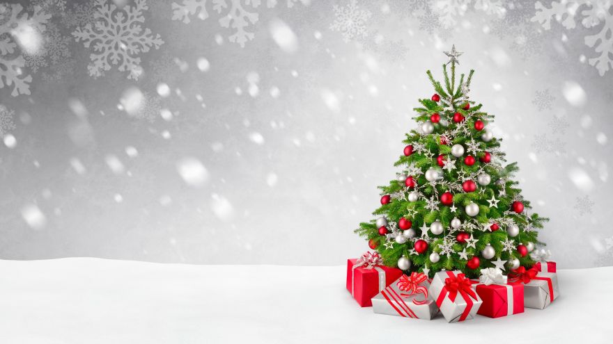 Christmas, Christmas tree, Decoration, Presents, Gifts, Snowfall, HD, 2K, 4K, 5K
